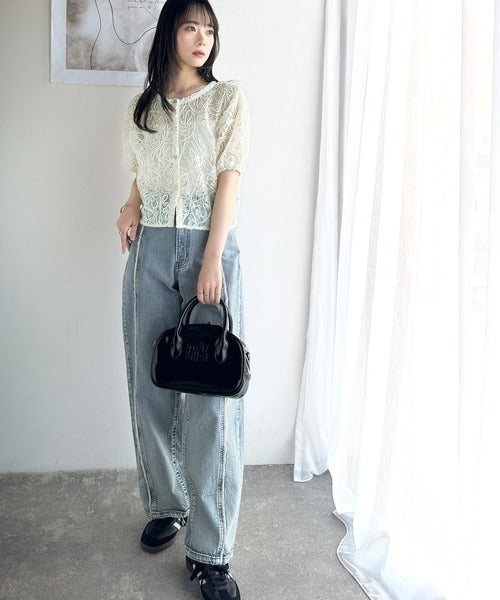 【mily bilet】大人の華やかトップス。ハートボタン使い前後2way花柄レースコード刺繍カーディガン(半袖） mi1019069