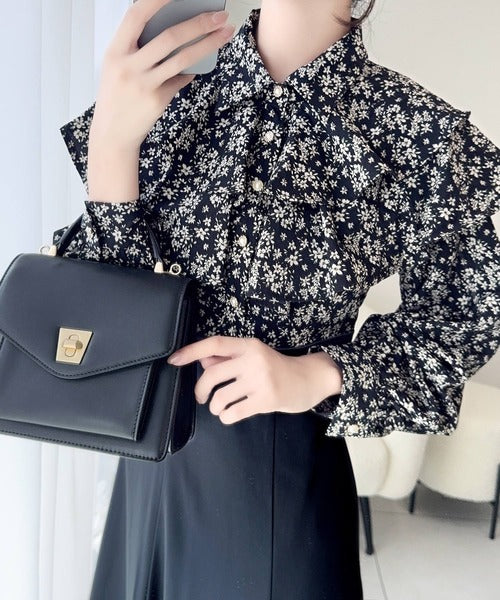 【mily bilet】クラシカルで華やか。小花柄リボンタイ使いドッキングワンピース mi1139048