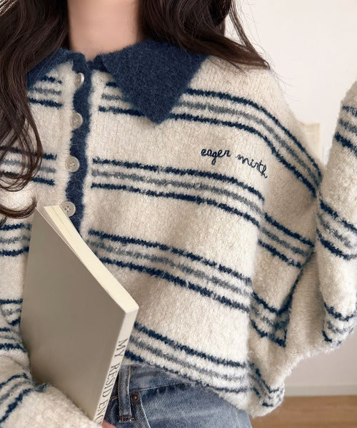 メンズライクに女子っぽさを。胸刺繍ブークレ配色ボーダーニットポロ（長袖） ce1240142
