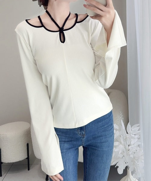 【mily bilet】程よい肌見せで女性らしく。チョーカー使いパイピング配色袖フレアカットソー mi1249001