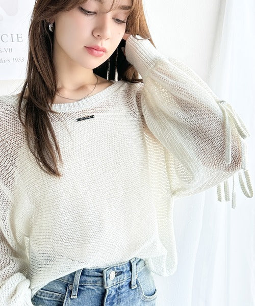 【mily bilet】大人のきらめき。プレートデザイン透かし編み袖リボンラメニット(ワンオフショル2way) mi1259009