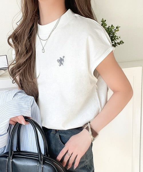 大人女子の上品ベーシック。綿100％シルケットモックネックフレンチTシャツ(刺繍) ce1260395
