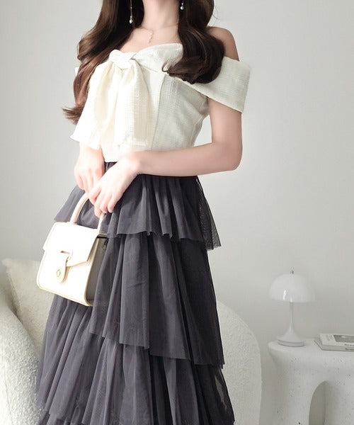 【mily bilet】一枚に大人可愛いを凝縮。リボンデザイントップス×チュールスカートドッキングキャミワンピース (ロング丈) mi1139113