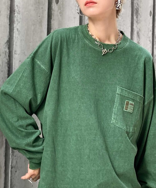 《JaVaジャバ コラボ》綿100％ピグメント加工ポケット付きロングTee jv1029002