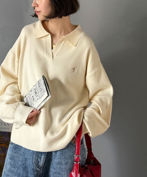《JaVaジャバコラボ》大人の抜け感をプラス◎胸刺繍ハーフミラノスキッパーニット jv1260490
