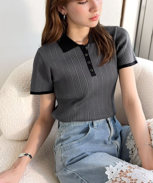 【mily bilet】オン・オフ使えて、春夏コーデにピッタリ。金縁ボタン使いバイカラーリブポロニット(半袖) mi1029197