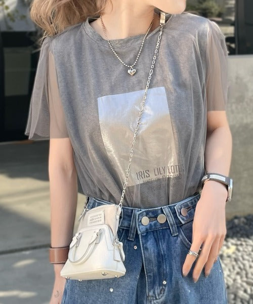 【mily bilet】1枚で上級お洒落style。チュール重ね着風シルバー箔プリントTシャツ mi1149050