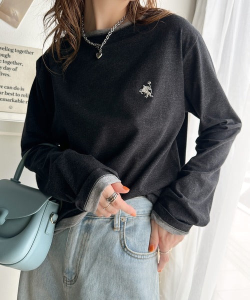 ヴィンテージ感をプラス。綿100%衿バイカラーワンポイント刺繍ロンTシャツ ce1260203