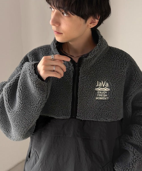 《JaVaジャバコラボ》異素材のコントラストで魅せる。ミックスネップシープボア×ナイロン切替スタンドカラーオーバーサイズブルゾン jm1260637