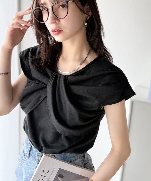 ”きれいめラフ”にこれ一択♪胸元ツイストリボンデザインTシャツ（半袖） ce1110121