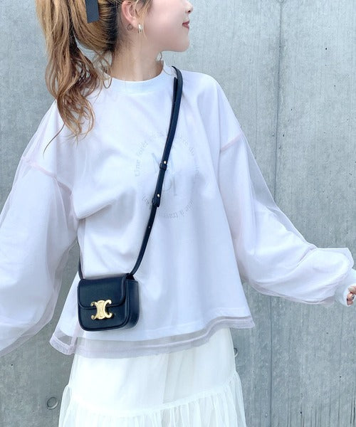 【mily bilet】デイリーからお出かけまであらゆるシーンに大活躍！箔プリントチュール重ねロングTシャツ mi1019058