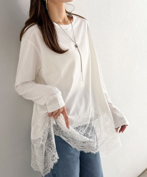 大人のきれいめカジュアル、体型も美しくカバー。裾レースカットソードッキングTシャツ（長袖） ce1020364