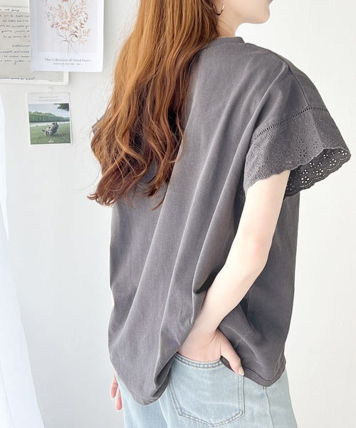 《Javaジャバコラボ》ヴィンテージライクなデザイン。綿100％袖レースピグメントロックTシャツ jv1050164