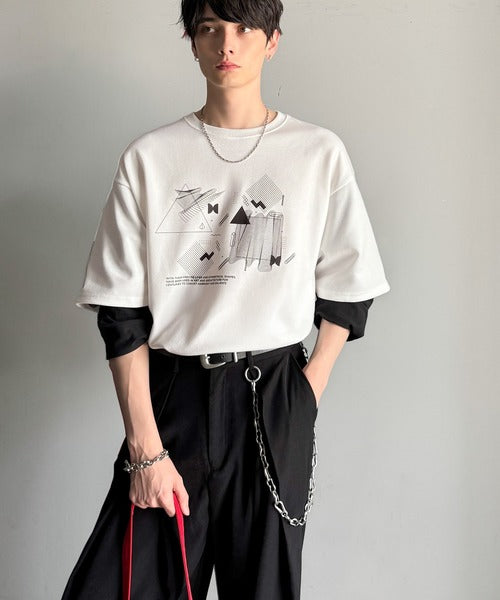 【Classical Origin】幾何学柄ポンチ素材レイヤードTシャツ(長袖)／Geometric Pattern Ponte Layered T-Shirt co1150050