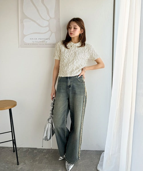 華やかな高級感を演出する。カットジャガード短丈Tシャツ（半袖） ce1050273