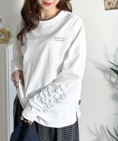 《JaVaジャバコラボ》袖を通せば、あなたも輝く。コットン100％刺繍胸元切り替えドルマンロンTEE（長袖） jv1260620