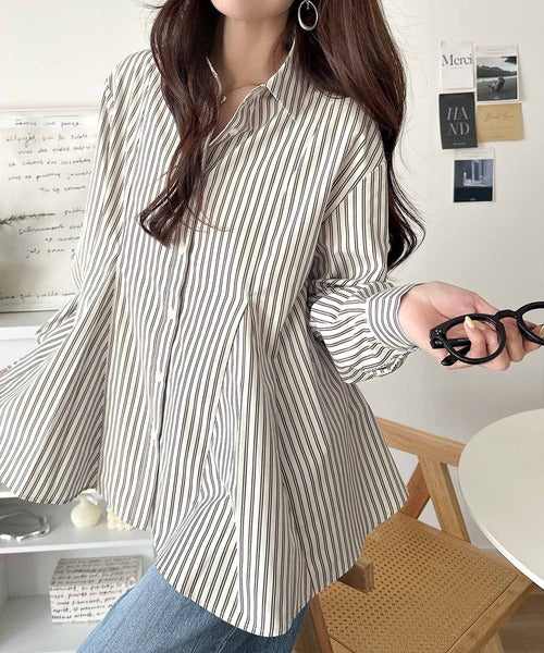 【イージーケア素材】ゆるっと、ひらっと、クセになる。フレアシルエットシャツ（ストライプ&無地） ce1025025