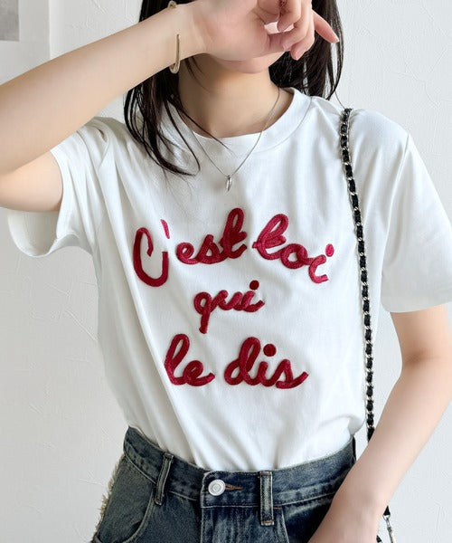 【mily bilet】着るだけでオシャレ感！ロゴプレート付きカラーフレンチコード刺繍Tシャツ(半袖) mi1329015