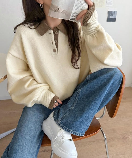 《JaVaジャバコラボ》たっぷりポロが可愛い。配色襟付きヘンリーオーバーサイズニット (長袖) jv1350020