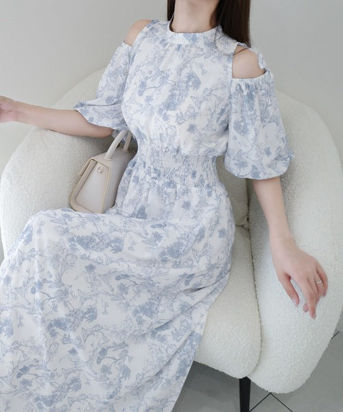【mily bilet】爽やかで優雅な大人フェミニン。肩開きリボン２WAY花柄バルーン袖ワンピース（ロング丈） mi1139084