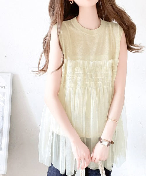 【mily bilet】ふんわり大人可愛いシアーラメトップス。チュールフリル使いノースリーブシアーニット mi1149052