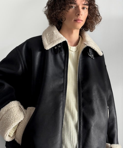 【Classical Origin】「ずっしりかっこいい。」2way襟ボア切り替えフェイクレザージャケット／2way Boa Collar Faux Leather Jacket co1150081