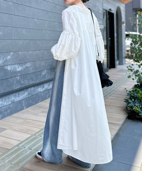 着方自在でロングシーズン活躍◎柄アソートバンドカラービッグシャツワンピ ce1010478