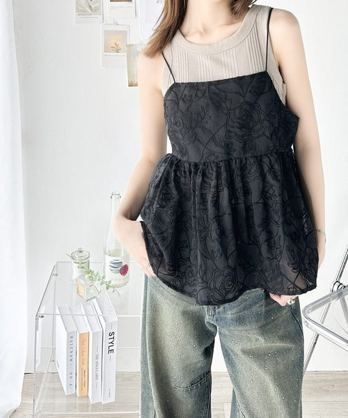 大人のレイヤードスタイル。シアー花柄刺繍オーバーキャミビスチェ ce1240035