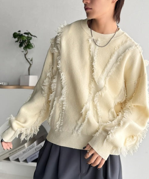 【classical origin】「着るだけで、印象派」。フリンジデザイン配色オーバーサイズニット（長袖）/Fringe design oversized long sleeve knit ao1260444