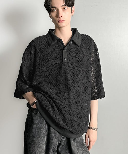 「透け感、モードの余韻。」衿ダブルライン使いレース柄ニットポロシャツ/Lace Detail Knit Polo Shirt co1010010