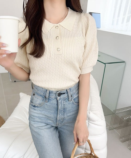 【mily bilet】きちんと上品大人キュート。胸刺繍ケーブルニットパフスリーブポロシャツ(半袖) mi1029096