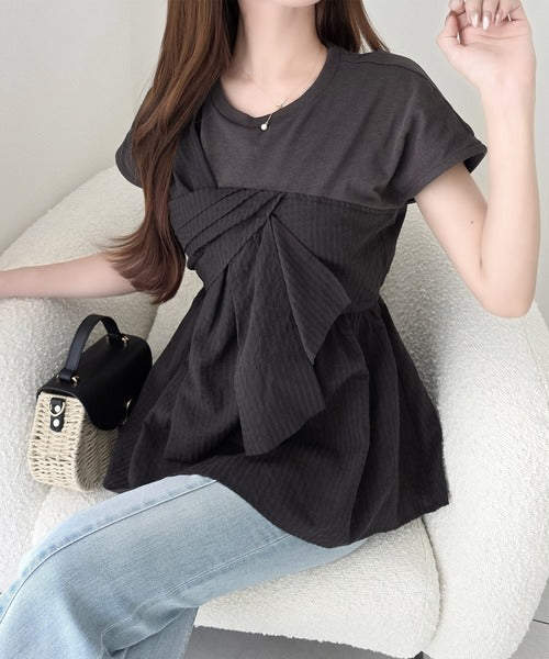 【mily bilet】忙しい朝も悩まない、初夏の一軍トップス。リボンビスチェドッキングTシャツ (半袖) mi1019145