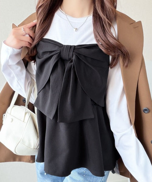 【mily bilet】心ときめく、ビッグリボン♪フロントリボン ドッキング長袖Tシャツ mi1269019