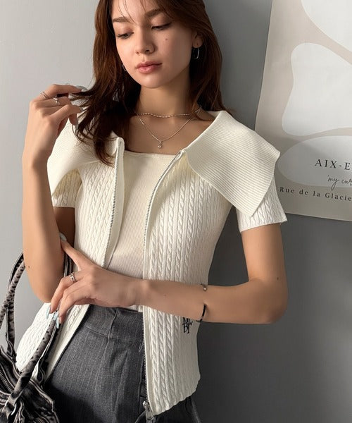 【mily bilet】抜け感レディースタイル。ロゴ刺繍オフショル２WAYダブルジップケーブル柄サマーニット（半袖） mi1029121