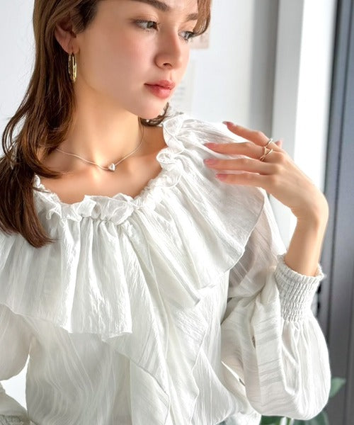主役トップス確定！大人ガーリー前後2wayシアーストライプラッフル襟ブラウス（長袖） ce1070199