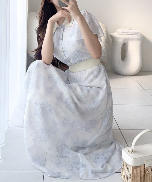 【mily bilet】夏を涼む相棒ワンピ♪水彩フラワーが上品。シアーフローラル バックリボンワンピース (長袖) (ロング) mi1139101