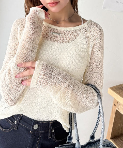 【mily bilet】大人かわいい肌見せを叶える。プレートデザイン前後2WAYメッシュ編み肩リボンニットプルオーバー（長袖） mi1259014