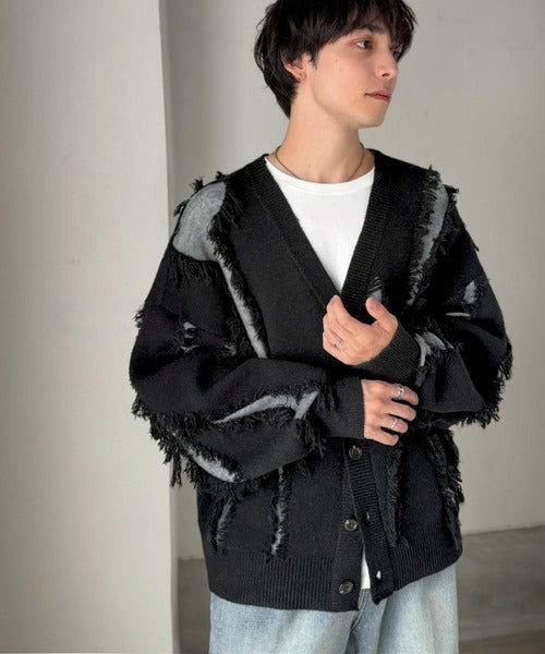 《JaVaジャバコラボ》配色×フリンジ、圧倒的存在感。配色フリンジVネックニットカーディガン jm1260632