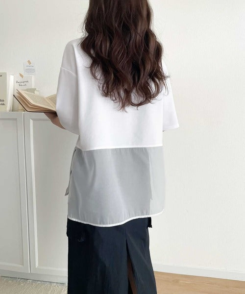 春夏に涼しさ引き立てる透け感が◎裾シアー切り替えライトダンボール半袖Tシャツ ce1110116