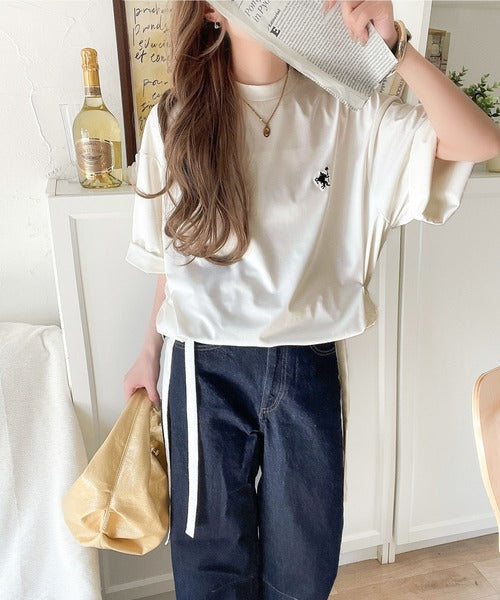ゆるっとシルエットカジュアル。カーゴポケット＆リボン付きワンポイント胸刺繍ドロスト半袖トップス ce1260315