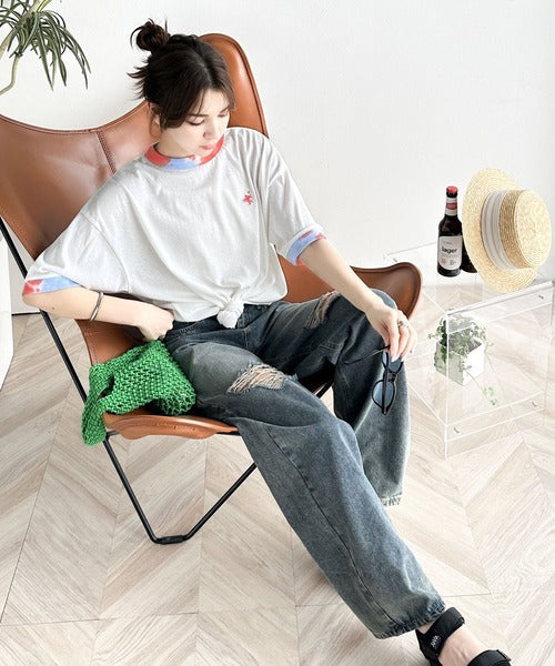 レトロでポップな大人リンガーT。胸刺繍タイダイリンガー半袖T ce1050158