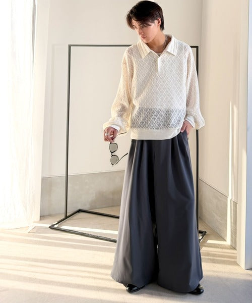 「透け感、モードの余韻。」衿ダブルライン使いレース柄ニットポロシャツ／Double-Line Collar Lace Pattern Knit Polo Shirt co1010049