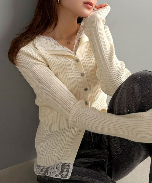 【mily bilet】顔周り、可愛く盛れちゃう！レースドッキング ランダムリブニット トップス(長袖） mi1359074