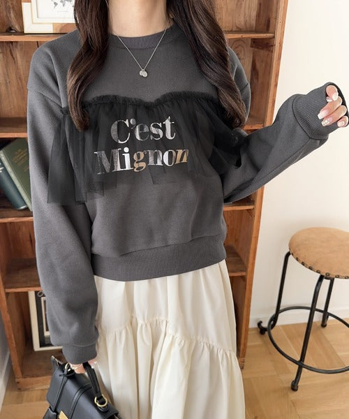 【mily bilet】おしゃれと快適さを同時に叶える。チュール切り替え箔プリント裏起毛スウェット mi1359002