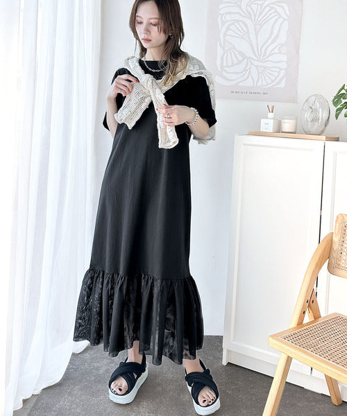 【JaVa ジャバコラボ】トレンドスタイル即完成!レイヤード風チュールコンビTシャツワンピース jv1260364