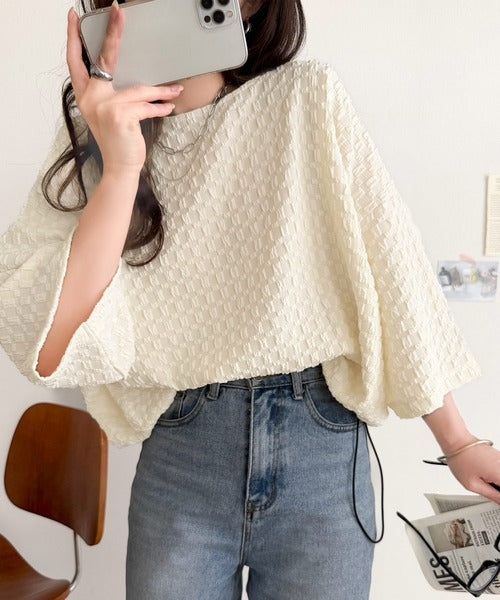 凹凸がコーデを上品に彩る♪前後差フクレジャガードドロストプルオーバー (半袖) ce1050374