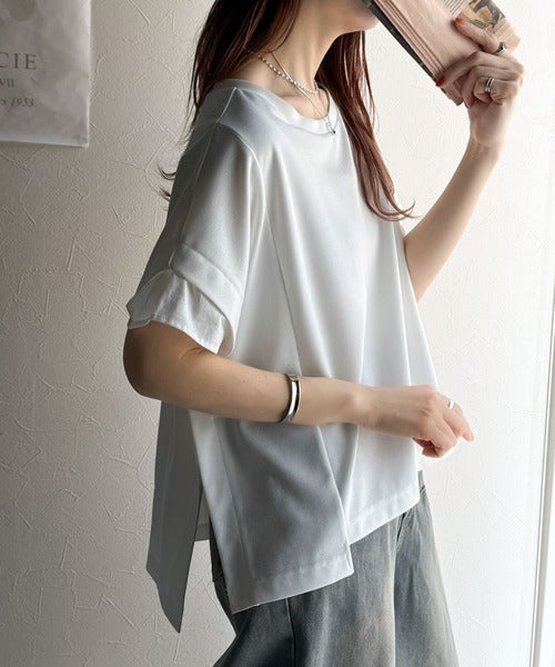 大人の女性を魅力的に引き立てる。袖口シアー切り替え 半袖 Tシャツ ce1110095
