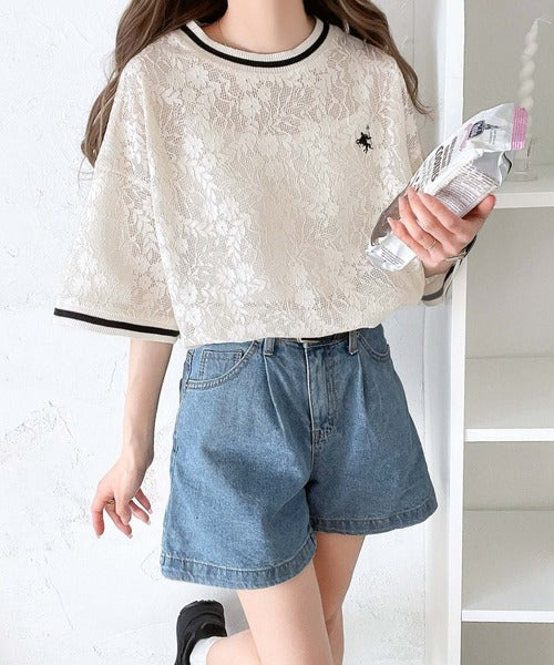 上品レース×スポーティMIXが旬。クロシェ風レースリブラインTシャツ。 ce1050163
