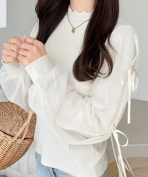 【mily bilet】大人可愛いふんわりスリーブが魅力♪サイドスリットリボンチュール重ねニットソー（長袖） mi1359005