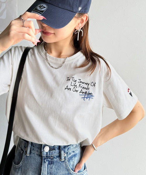 【sustaina+】アートのように刺繍が映える。オーガニックコットン100%らくがき風刺繍 無地＆ボーダー柄半袖Tシャツ ce1260396